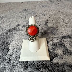 Vintage Red Coral Silver Ring with Bell Charms